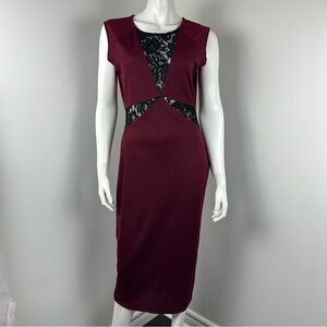 Pink Martini Midi Dress Medium Sleeveless Burgundy with Black Lace Insets